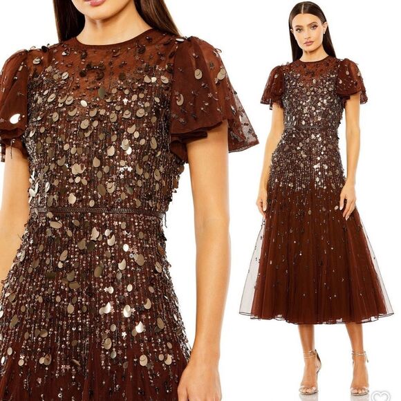 MAC DUGGAL 24018 Womens Brown  Flutter Sleeve Sheer Top Beaded Dress - Picture 1 of 14